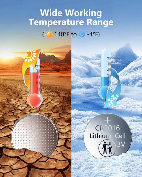 Image showing the wide working temperature range of CR2016 3V Lithium Coin Cell Batteries 5 Pack from -4°F to 140°F.