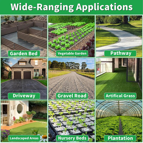 Wide-ranging applications of Heavy Duty Weed Barrier Landscape Fabric 3 Ft By 300 Ft Geotextile Weed Blocker for various outdoor areas.