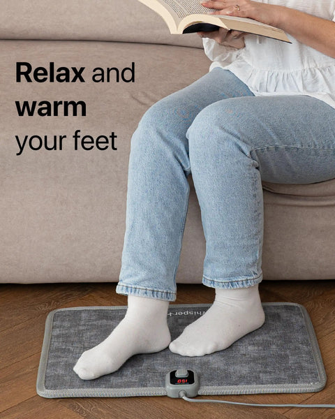 Person using Foot Friendly Tap To Activate Heated Floor Mat For Electric Underfoot Warmer That Heats Quietly Up To 150 Degrees Fahrenheit Energy Efficient Floor Heat For Cozy Feet And Quick Room Warmth