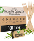 Real Deal Bamboo Forks Bulk Pack in cardboard box, 100 natural bamboo forks, compostable cutlery set for events.