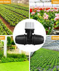 Upgraded Locked Micro Spray Irrigation Drippers 25 Pieces Kit With 3 Way Atomizing Nozzles For One Quarter Inch Tubing displayed with garden examples
