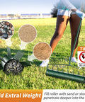 21 Inch Lawn Aerator Workhorse Heavy Duty Manual Tool With 50 Inch Metal Handle shown in use, detailing added weight options