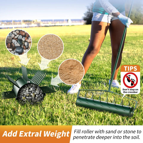 21 Inch Lawn Aerator Workhorse Heavy Duty Manual Tool With 50 Inch Metal Handle shown in use, detailing added weight options