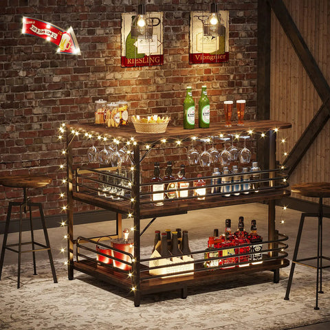 L Shaped Home Bar Unit With 3 Tier Storage Shelves And Wine Glass Holder For Kitchen Or Living Room Rustic Brown And Matte Black Industrial Corner Bar Cabinet With Pub Vibe showcasing illuminated shelves with bottles and glasses.