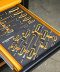 9 Piece Slotted Dual Material Screwdriver Set In Foam Storage Tray With Non-Slip Black Oxide Tips, shown in open drawer