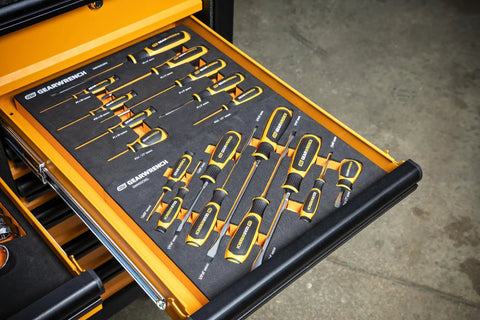 9 Piece Slotted Dual Material Screwdriver Set In Foam Storage Tray With Non-Slip Black Oxide Tips, shown in open drawer