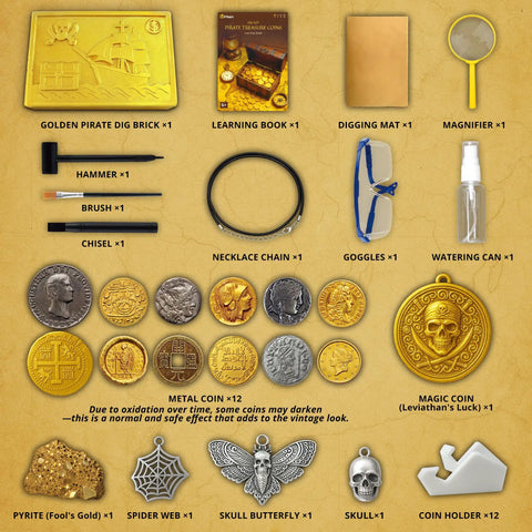 Pirate Treasure Dig Kit for Kids 6 and Up, Uncover 16 Plus Realistic Ancient Coin Replicas, Fool's Gold and Pirate Charms, STEM Archaeology Craft for Necklace Making, Coin Collecting Gift for Curious Explorers, with tools and coins