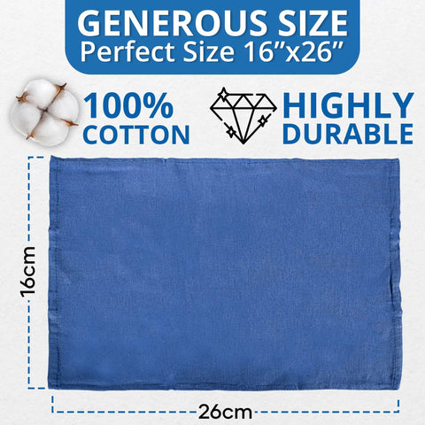 Blue Huck Towels Pack Of 12 Cleaning Rags 100 Percent Cotton Ultra Absorbent Lint Free Towels For Kitchen Bar Home Windows Glass Auto Shop Industrial Use, showing one towel, 16x26 inches, blue, cotton with durability icons.