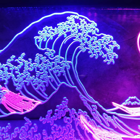 The Great Wave Off Kanagawa LED Neon Sign With Blue And Pink Glow, modern 3D engraved art, 8x12 inches for Japanese art lovers.