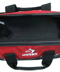 18 Inch Water Resistant Tool Bag With 29 Pockets Including 13 Internal And 16 External Shoulder Strap Heavy Duty 600 Denier Polyester Built Tough For Contractors And DIYers, open top view showing empty interior.