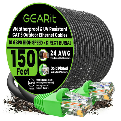 Beefed Up Cat6 Ethernet Cable 150ft Outdoor Direct Burial 24 AWG High Speed Up To 10Gbps 550 MHz LLDPE UV Resistant Waterproof
