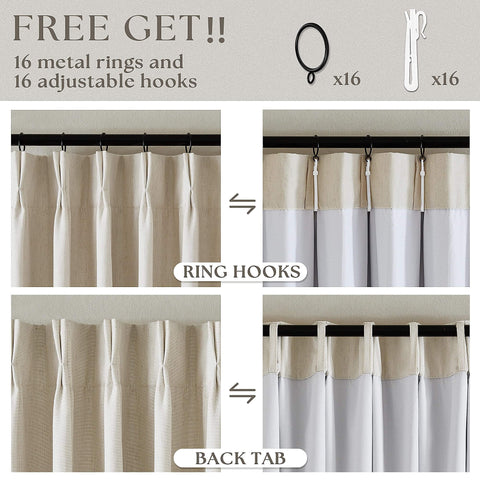 Cozy Pleated Cream Beige Linen Blackout Curtains For Bedroom 90 Inch Length 2 Panels, shown with ring hooks and back tab options.