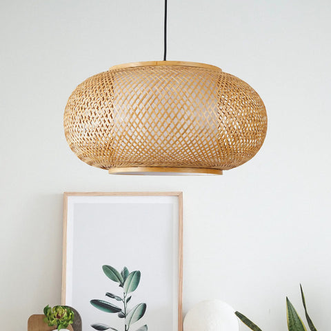 Bamboo Pendant Light With Basket Weave Shade Dope Rattan Chandelier For Kitchen Island And Nursery 23 Inch Hanging Ceiling Light