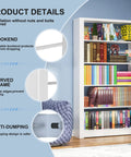 Beefy Metal Five Tier Adjustable Book Shelf In White Tall 68.9 Inches High showing bookend, curved frame, and anti-dumping details