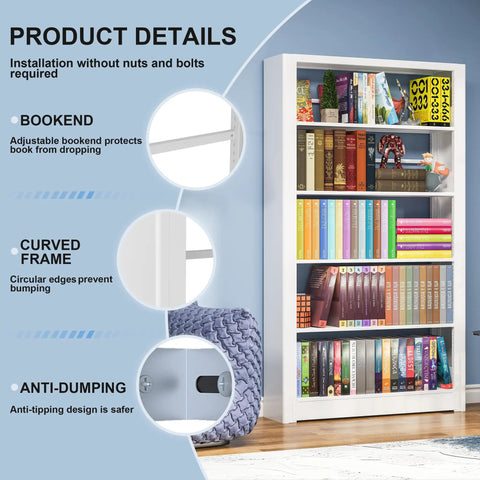 Beefy Metal Five Tier Adjustable Book Shelf In White Tall 68.9 Inches High showing bookend, curved frame, and anti-dumping details