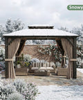 10x12 Ft Hardtop Gazebo With Aluminum Frame And Polycarbonate Roof, Permanent Outdoor Pavilion With Curtains In Snowy Garden