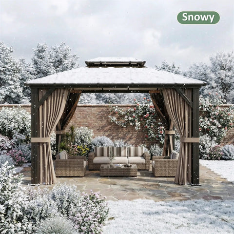 10x12 Ft Hardtop Gazebo With Aluminum Frame And Polycarbonate Roof, Permanent Outdoor Pavilion With Curtains In Snowy Garden