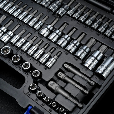 63-Piece Torx Bit Socket And External Torx Socket Set Beefed-Up With Standard Torx T, Tamper Proof TT, Torx Plus TP, And External E Sockets, Includes 1/4, 3/8 And 1/2 Inch Drive Adapters, Hardened S2 Alloy Steel, Made In Taiwan in case