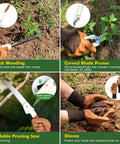 Heavy Duty 10 Piece Garden Tool Set For Women And Men With Aluminum Tools Non Slip Ergonomic Handles Tote Bag Gloves Includes Saw Trowel Cultivator Rake Pruner Weeder Perfect Gift, showing use of weeder, pruner, saw, and gloves