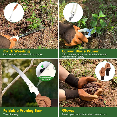Heavy Duty 10 Piece Garden Tool Set For Women And Men With Aluminum Tools Non Slip Ergonomic Handles Tote Bag Gloves Includes Saw Trowel Cultivator Rake Pruner Weeder Perfect Gift, showing use of weeder, pruner, saw, and gloves