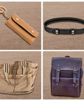 Leather Snap Fastener Kit 100 Sets Five Eighth Inch 15mm Snap Buttons installed on leather bags and belt, shows gold and bronze finishes.