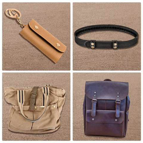 Leather Snap Fastener Kit 100 Sets Five Eighth Inch 15mm Snap Buttons installed on leather bags and belt, shows gold and bronze finishes.