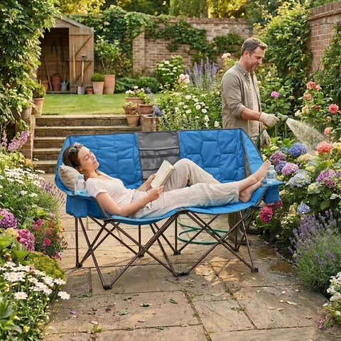 Foldable Double Camping Chair With Storage For Two People Cozy Loveseat Style in a garden setting