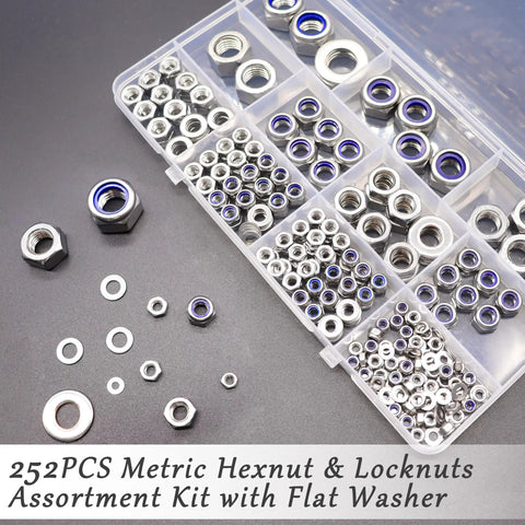 252 Piece Hex Nut and Lock Nut Set With Flat Washers in 304 Stainless Steel M3 to M12 Seven Sizes Pro Grade Hardware Nuts and Washers Kit for DIY Projects Auto Repair and Home Use