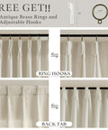 Product image showing Sand Beige Linen Curtains 102 Inches Long for Living Room Two Panels 50 by 102 Inch Pinch Pleated Drape with Back Tab Hooks Rings for Track System Light Filtering Memory Shape Trained Technology for Bedroom Sliding Patio Door, highlighting brass ring hooks and back tab options.