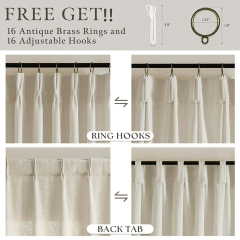 Product image showing Sand Beige Linen Curtains 102 Inches Long for Living Room Two Panels 50 by 102 Inch Pinch Pleated Drape with Back Tab Hooks Rings for Track System Light Filtering Memory Shape Trained Technology for Bedroom Sliding Patio Door, highlighting brass ring hooks and back tab options.