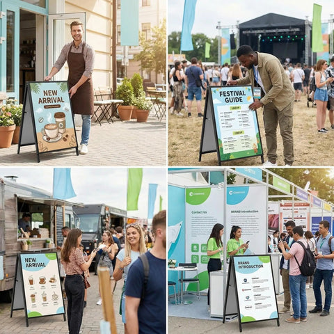 Double Sided A Frame Sign 24 By 36 Inch Boss Grade Heavy Duty Folding Sandwich Board Outdoor Poster Frame Slide In Slot Frame Only No White Board Easy Poster Change For Street Advertising shown at various events