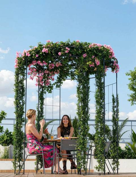 7 Ft Garden Arch With Gate, Classic Black Finish, Tough Iron Arbor For Climbing Roses And Vines, Weather Resistant, outdoor setup