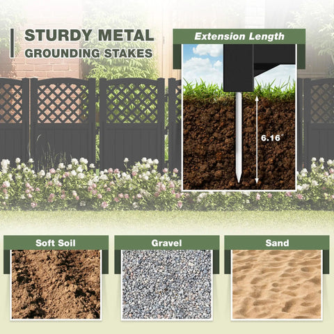 Outdoor Privacy Screen Fence For Trash Cans, Air Conditioners And Pool Equipment, 4 Panels, Black, metal grounding stakes detail.