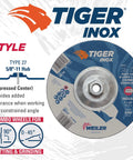 Tiger INOX Type 27 Cut And Grind Combo Wheel details, 7 inch diameter, 1/8 inch thick, INOX30T, stainless steel, for cutting and grinding