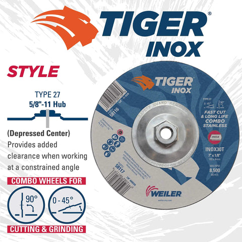 Tiger INOX Type 27 Cut And Grind Combo Wheel details, 7 inch diameter, 1/8 inch thick, INOX30T, stainless steel, for cutting and grinding