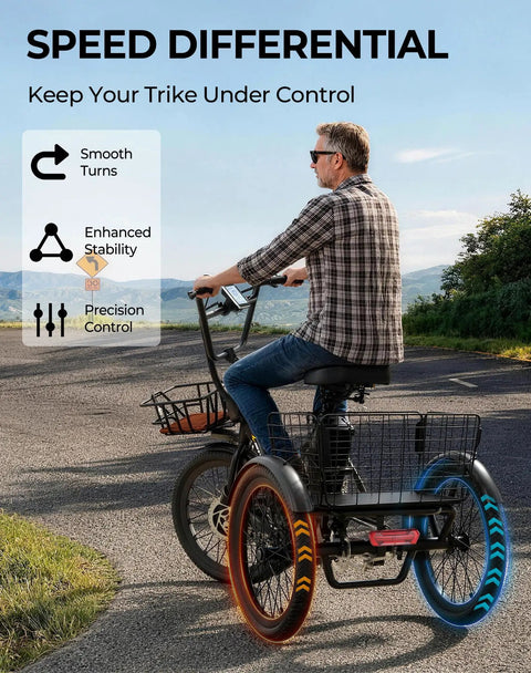 Electric Trike With Peak 1000W Power For Hills And City, 20 Inch Folding Three Wheel E Tricycle For Adults, Step Through Frame, 624Wh Removable Battery, Large Basket, Classic Black showing speed differential control