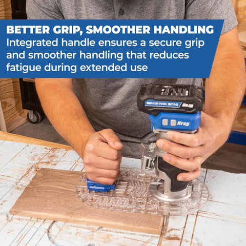 Person using Smooth As Butter Trim Router Base Plate With Dead Nuts Secure Grip for clean cuts on wood.