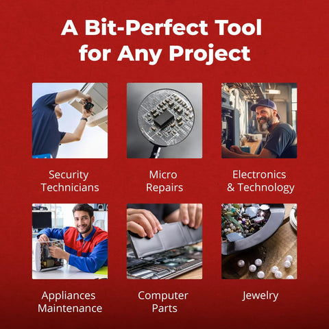 Collage showing uses for All In One Precision Screwdriver Set 24 In 1 With Hex Shaft For Phillips Pentalobe Flat Torx and Spanner