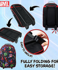 Foldable Spiderman Avengers kids carry-on suitcase with wheels, showcasing easy storage and unclipping design for family travel.