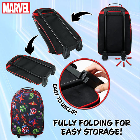 Foldable Spiderman Avengers kids carry-on suitcase with wheels, showcasing easy storage and unclipping design for family travel.