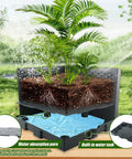 Cross-section of self-watering Two Pack Raised Garden Bed Tomato Planter Box With Trellis, showing plant roots and water reservoir.