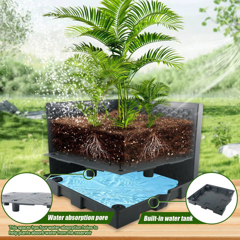 Cross-section of self-watering Two Pack Raised Garden Bed Tomato Planter Box With Trellis, showing plant roots and water reservoir.