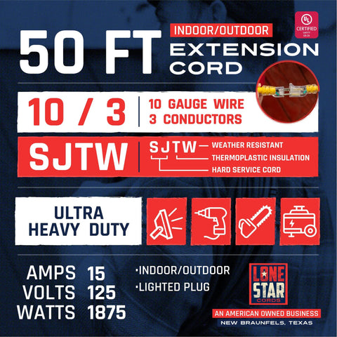 10 Gauge Heavy Duty Outdoor Extension Cord With Lighted Plug 50 Foot Length Weatherproof graphics and specifications