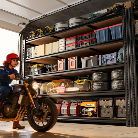 Heavy Duty Garage Shelving Unit 3500 Lbs Capacity, 60 Inch Wide 5 Tier Storage Rack For Tools, Gear, And Oversized Items, Ultra Sturdy Metal Shelves For Home, Garage, Or Workshop Organization in garage with tools and bins