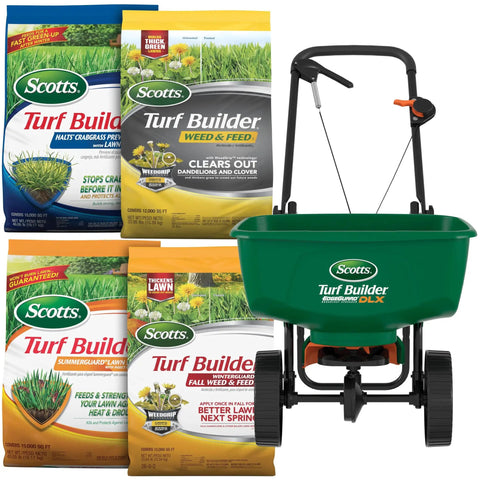 All Season Lawn Care Bundle For Large Northern Yards With EdgeGuard DLX Broadcast Spreader and seasonal turf products