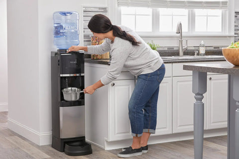 Person using a top loading water dispenser with hot and cold water, 5 gallon bottle compatible, pet drinking station, in kitchen