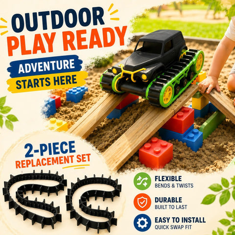 Replacement RC Track Set For Off-Road Vehicles With Flexible Drive Belt Style Wheel Tracks, Smooth Rolling And Easy Turning, Durable Impact-Resistant Build For Outdoor Use, Ideal Upgrade For Compatible Track Systems. 2-piece black RC track set on toy vehicle