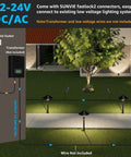 Diagram of Low Voltage Landscape Lighting Kit 12V With 8 Path Lights And 4 Spotlights showing connections, transformer not included.