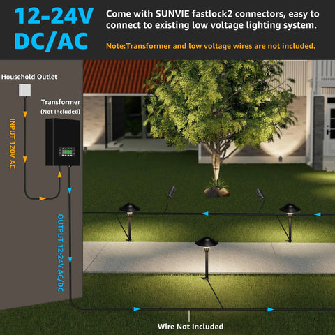Diagram of Low Voltage Landscape Lighting Kit 12V With 8 Path Lights And 4 Spotlights showing connections, transformer not included.
