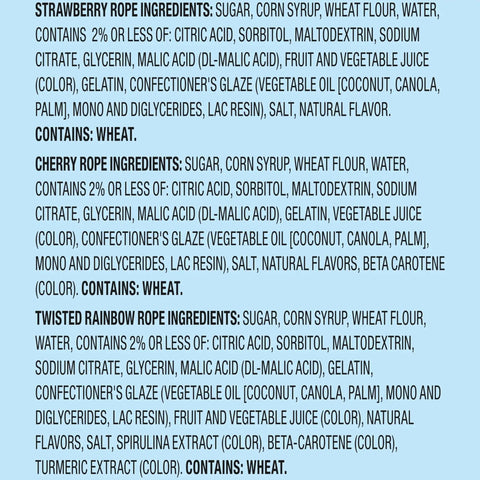 Ingredients list for Totally Tangy Chewy Ropes Candy Variety Pack with Cherry Punch, Twisted Rainbow Punch, and Tangy Strawberry Flavors